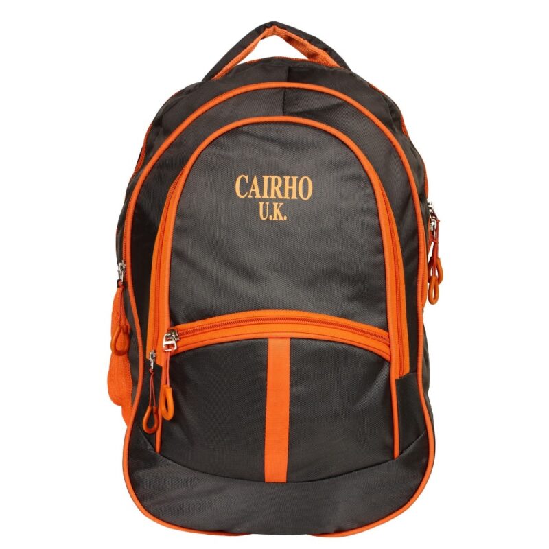 cairho uk brown backpack, with orange zippers, front view, model no 112