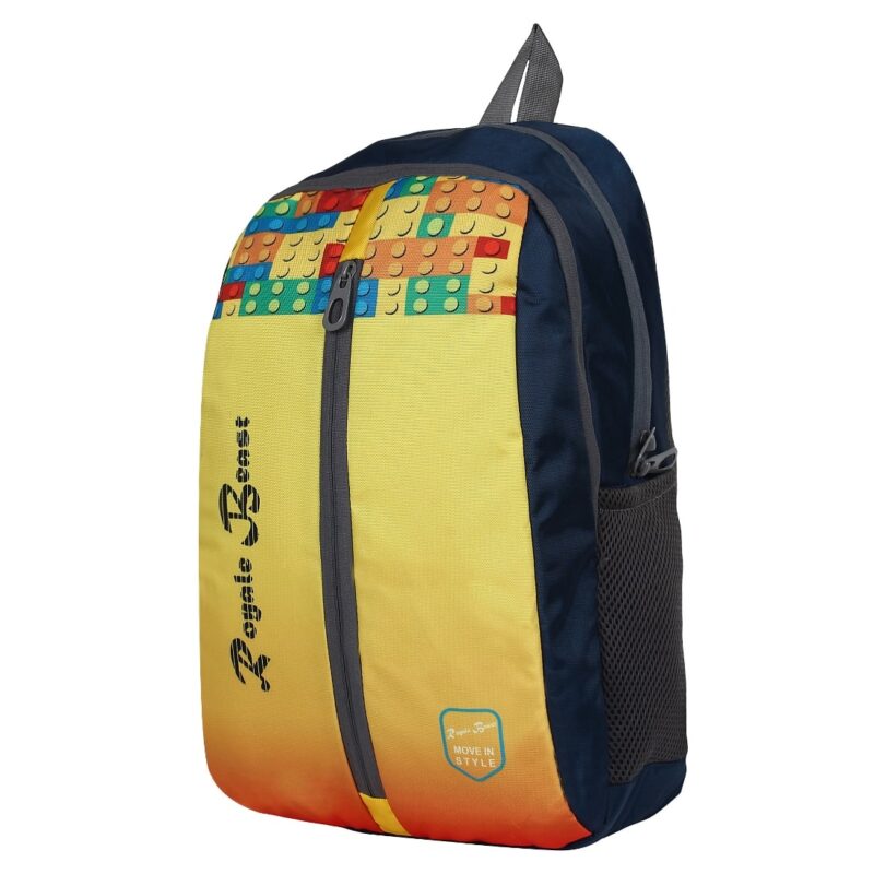royal beast yellow orange backpack, side angled view, front has vertical zipper at the middle of the bag, model no 010