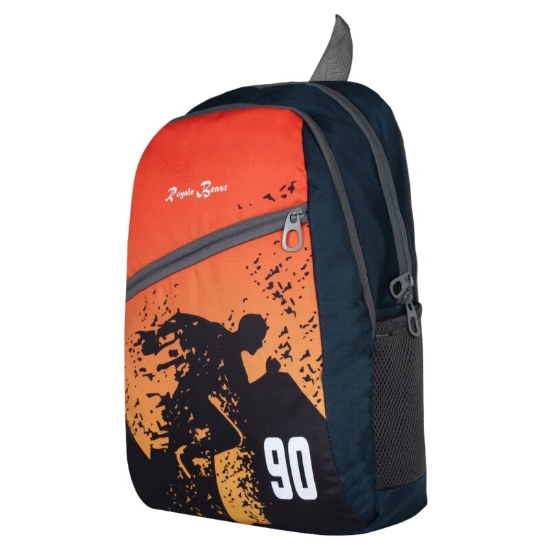 Royal beast runner orange color backpack, side angled view, front panel has oblique grey zipper, shadow of running guy is printed on the front, model no 009