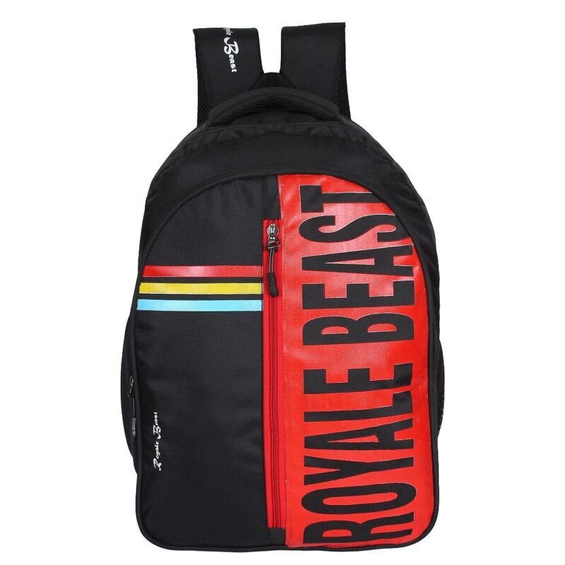 Royal beast black red school bag backpack, front view, vertical zipper at center, half portion red and half portion black, model no 003